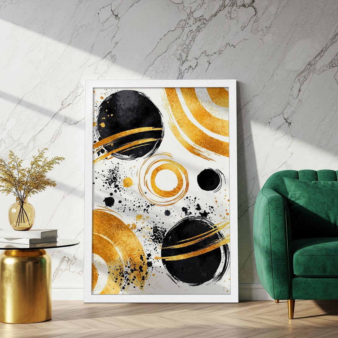 Framed Poster featuring abstract black and gold art. Modern style with a neutral and warm color palette. Perfect wall decor!