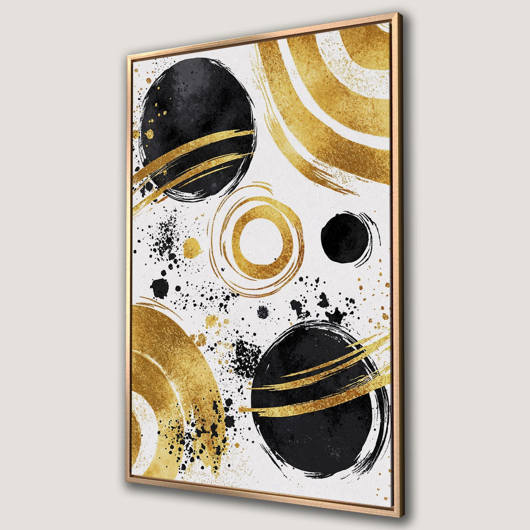Framed Wall Art featuring abstract gold and black brushstrokes on a white canvas. Modern art print perfect for adding a touch of elegance to any space.