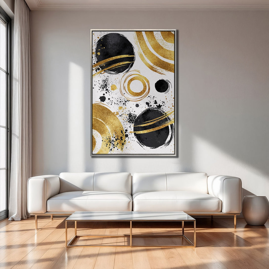 Framed Wall Art: Abstract gold and black circles canvas print. Modern art with a minimalist style, perfect for living room decor.