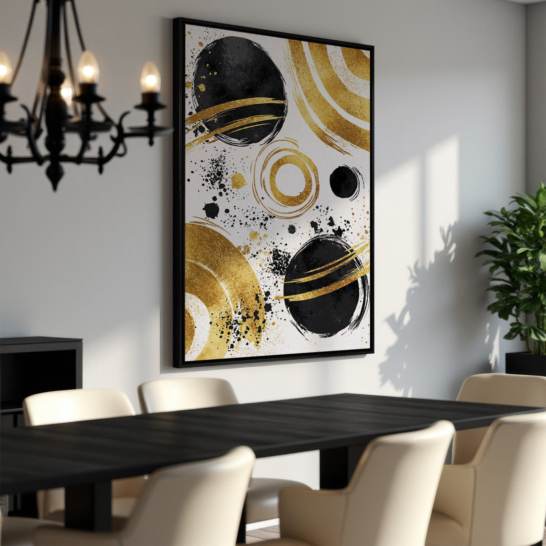 Framed Wall Art: Abstract black and gold circles canvas print. Modern art in a dining room setting. Gold and black color palette.
