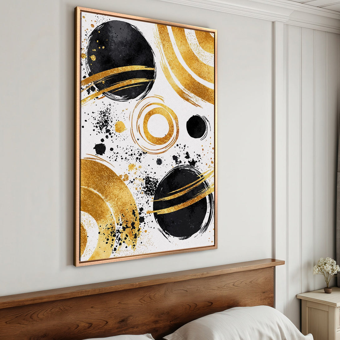 Framed Wall Art: Abstract gold and black brushstroke Canvas Print. Modern art with a luxurious, minimalist aesthetic. Perfect for bedroom decor.