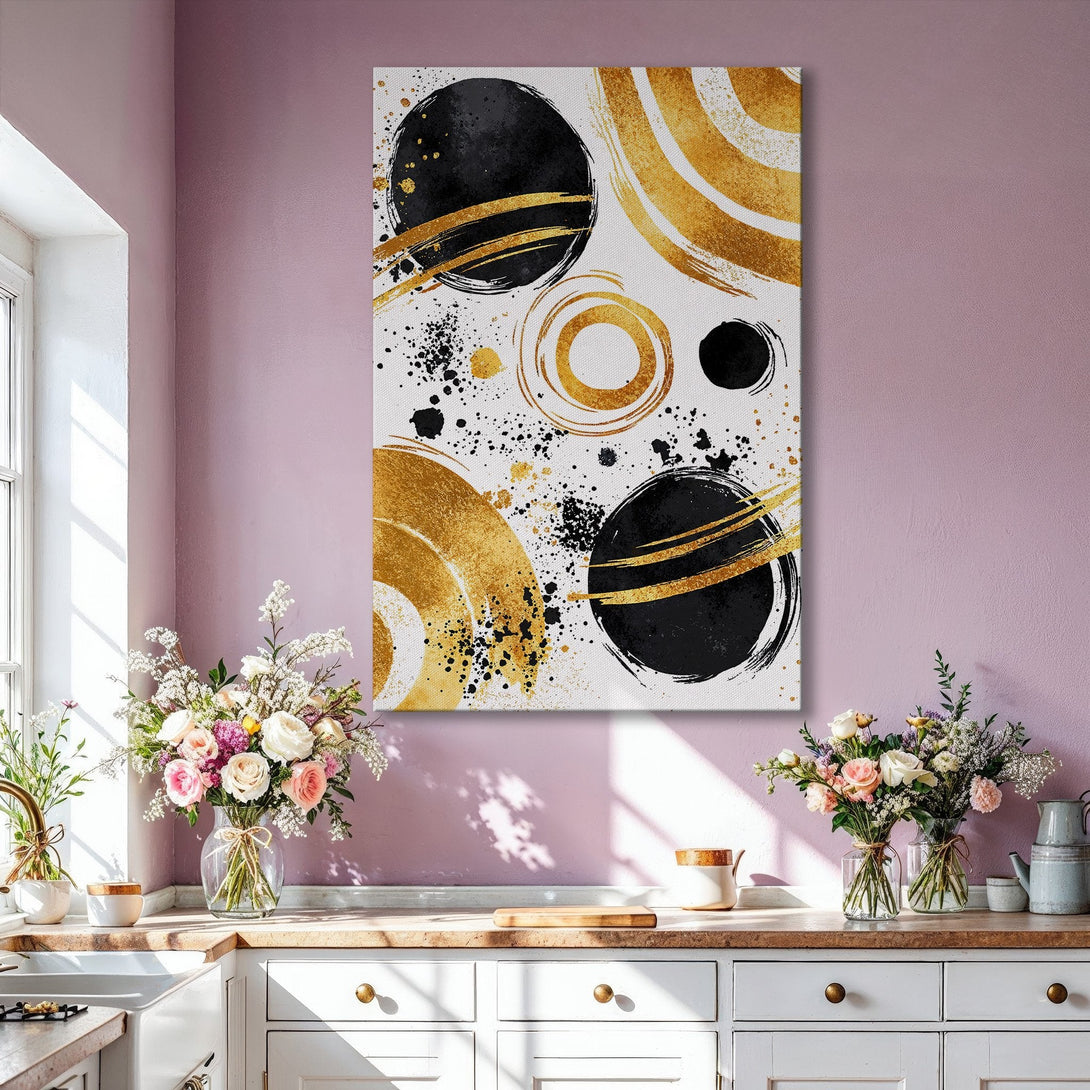 Framed Wall Art: Abstract black and gold circles on white canvas. Modern art print in a gold frame, perfect for living room decor.
