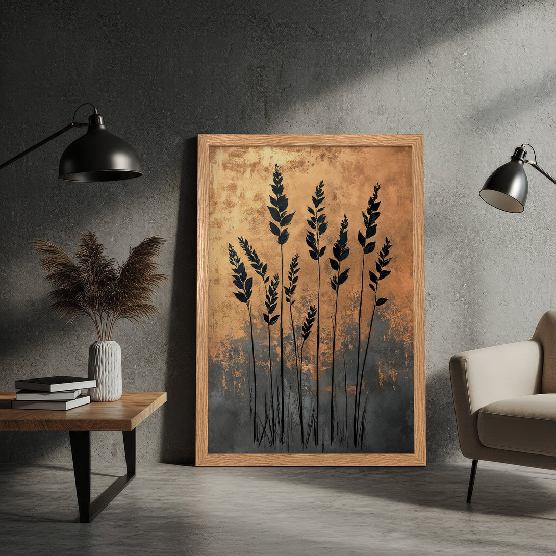 Framed Poster featuring abstract black botanical art with a warm, earthy color palette. Perfect for modern home decor!