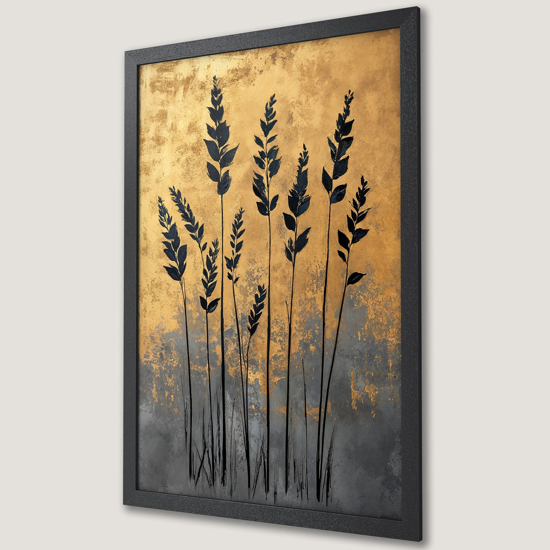 Framed Poster featuring minimalist black plant art on a gold and gray textured background. Modern art print for home decor.
