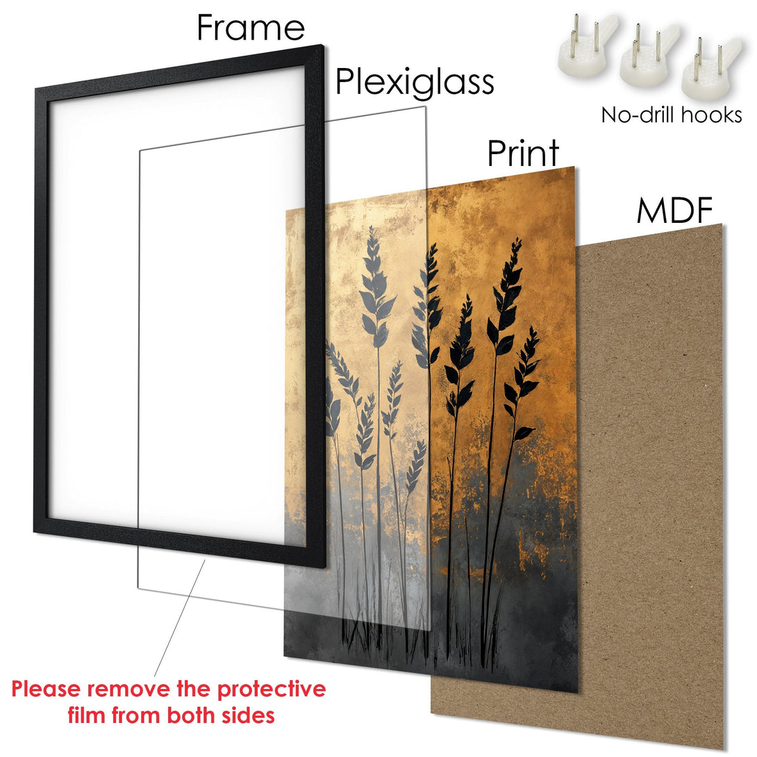 Framed Poster with abstract floral design. Features a black frame, gold, gray, and black color palette. Perfect wall art for any space.