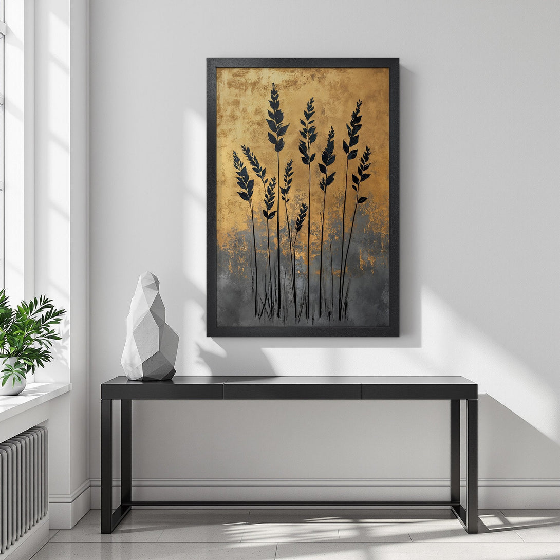 Framed Poster featuring abstract botanical art in gold, gray, and black. Modern wall art for home decor.