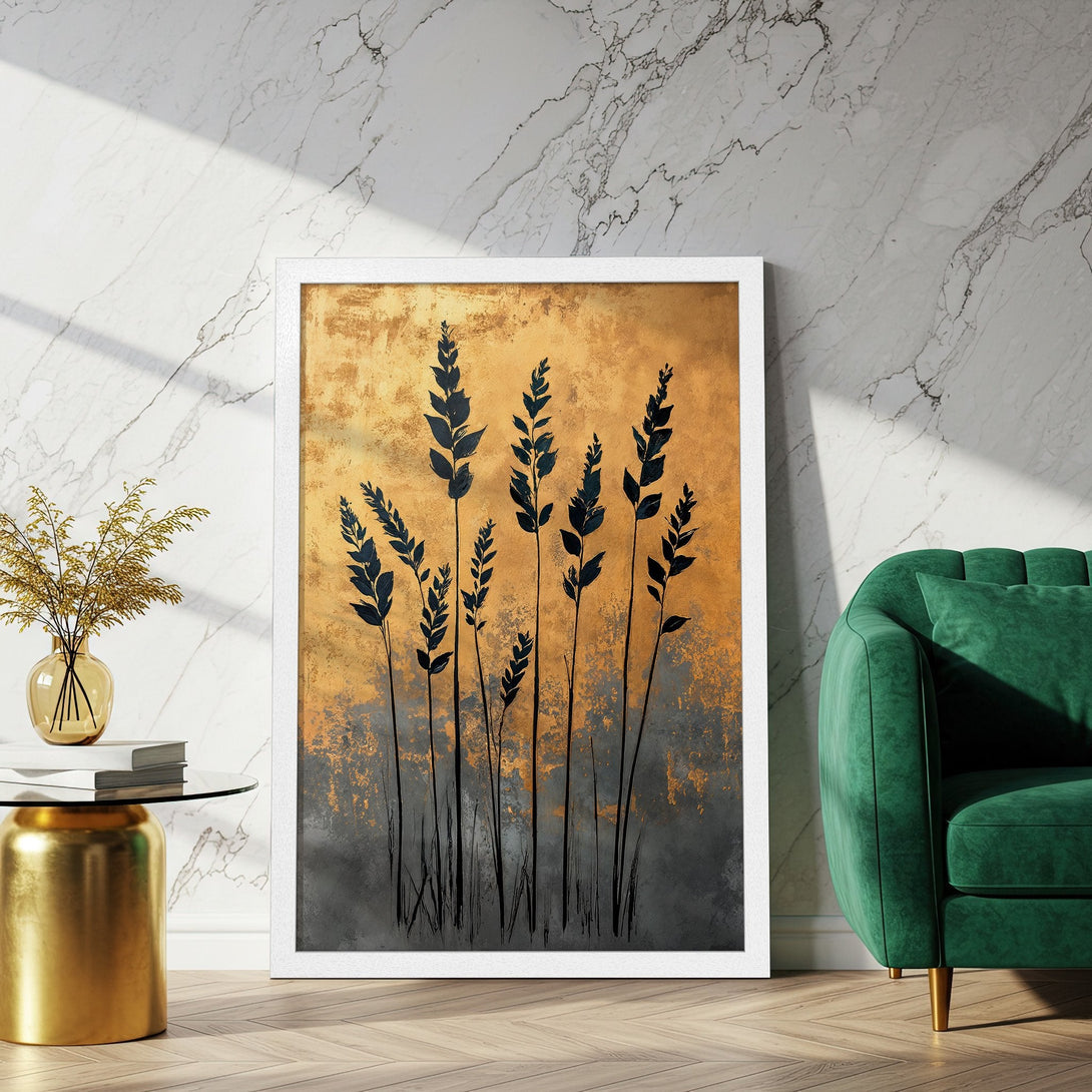 Framed Poster featuring abstract black foliage on gold and gray background. Modern art print for elegant home decor.