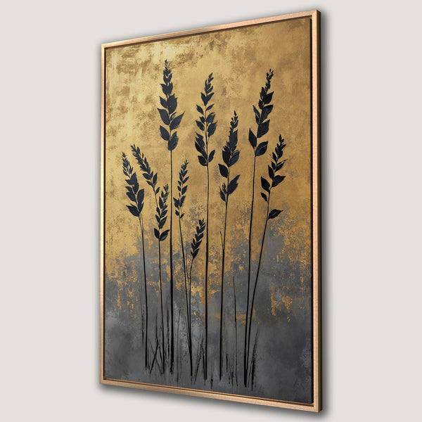 Framed Wall Art featuring abstract black floral design on a gold and grey textured background. Modern canvas print for a stylish home decor upgrade.