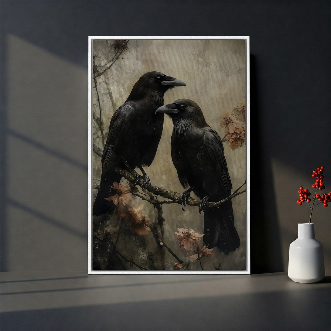 Framed Wall Art: Elegant Canvas Print featuring two black ravens perched on a branch with soft, neutral tones and pops of color. Perfect for modern home decor.