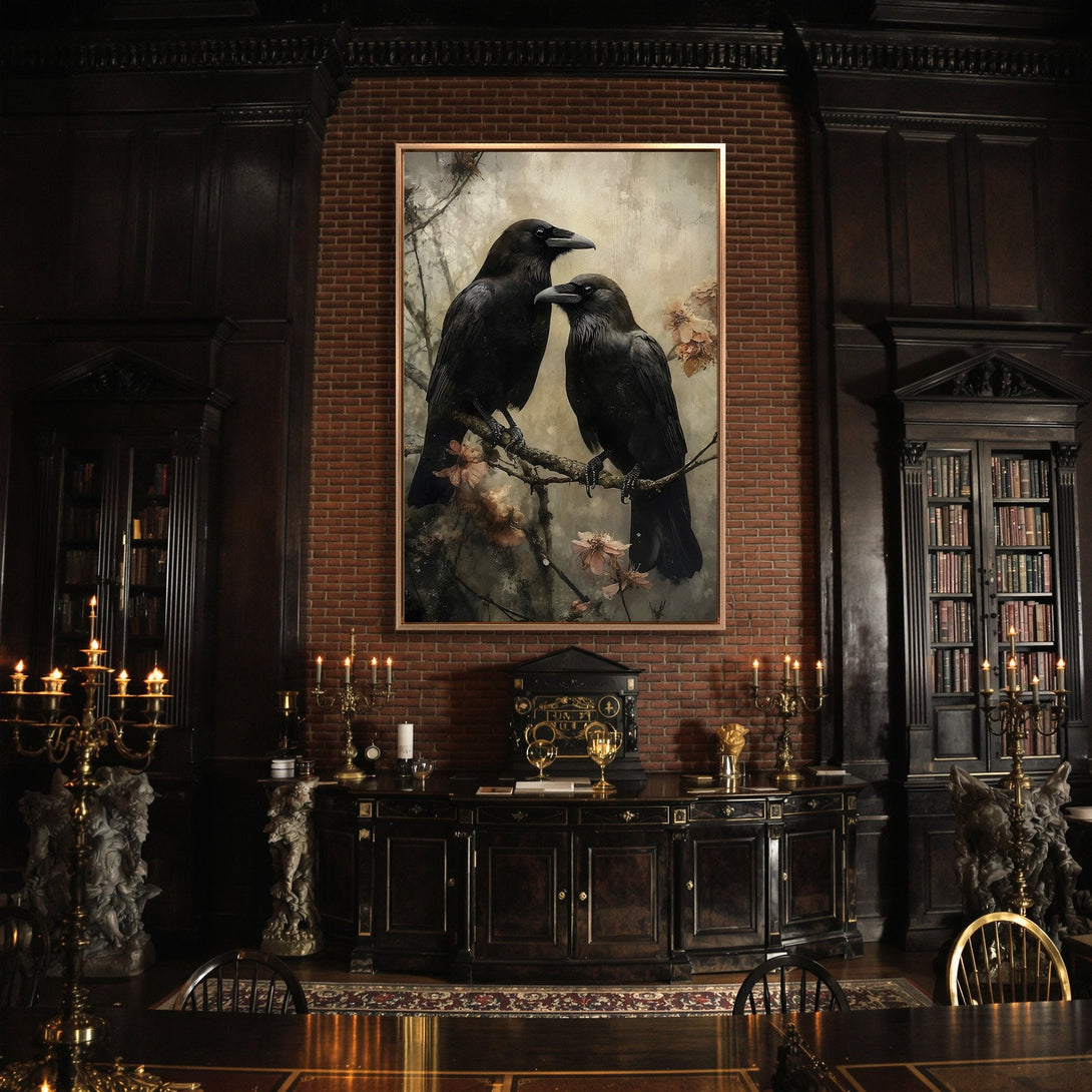 Framed Wall Art: Two ravens perched on a branch, gothic style, displayed in a dark interior. Earthy tones with a touch of mystery. Perfect for a moody space.