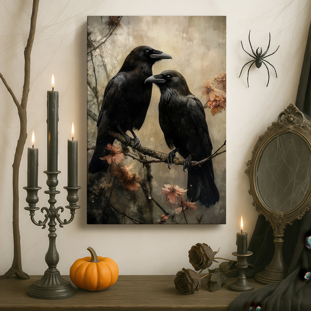 Framed Wall Art: Gothic-style canvas print featuring two ravens on a branch, set in a dark, moody interior with a neutral color palette. Enhance your home decor!