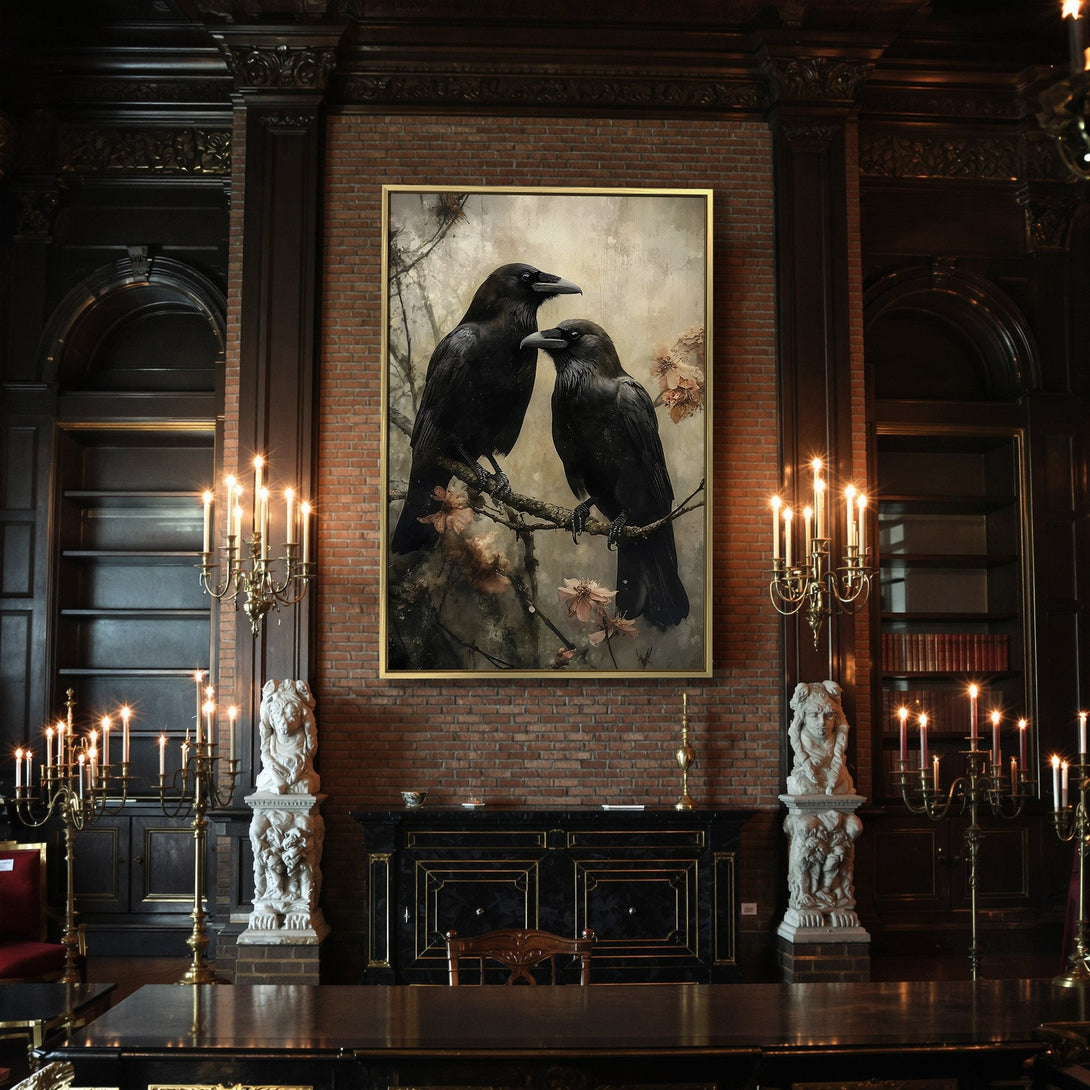Canvas Print featuring two black ravens on a branch. Vintage style with a muted, earthy color palette. Perfect Halloween decor!