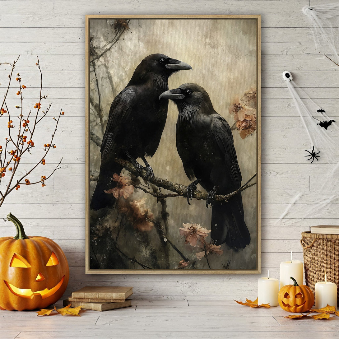 Framed Wall Art featuring two black ravens on a branch. Vintage style with a muted, neutral color palette. Perfect Halloween decor!