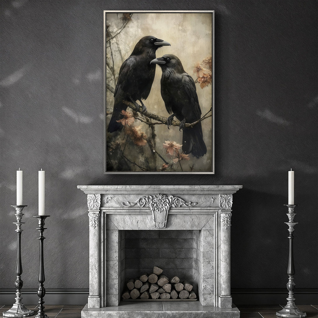 Framed Wall Art: Two black ravens on a branch. Gothic-inspired canvas print with a muted, sepia-toned color palette. Perfect for dark aesthetic decor.