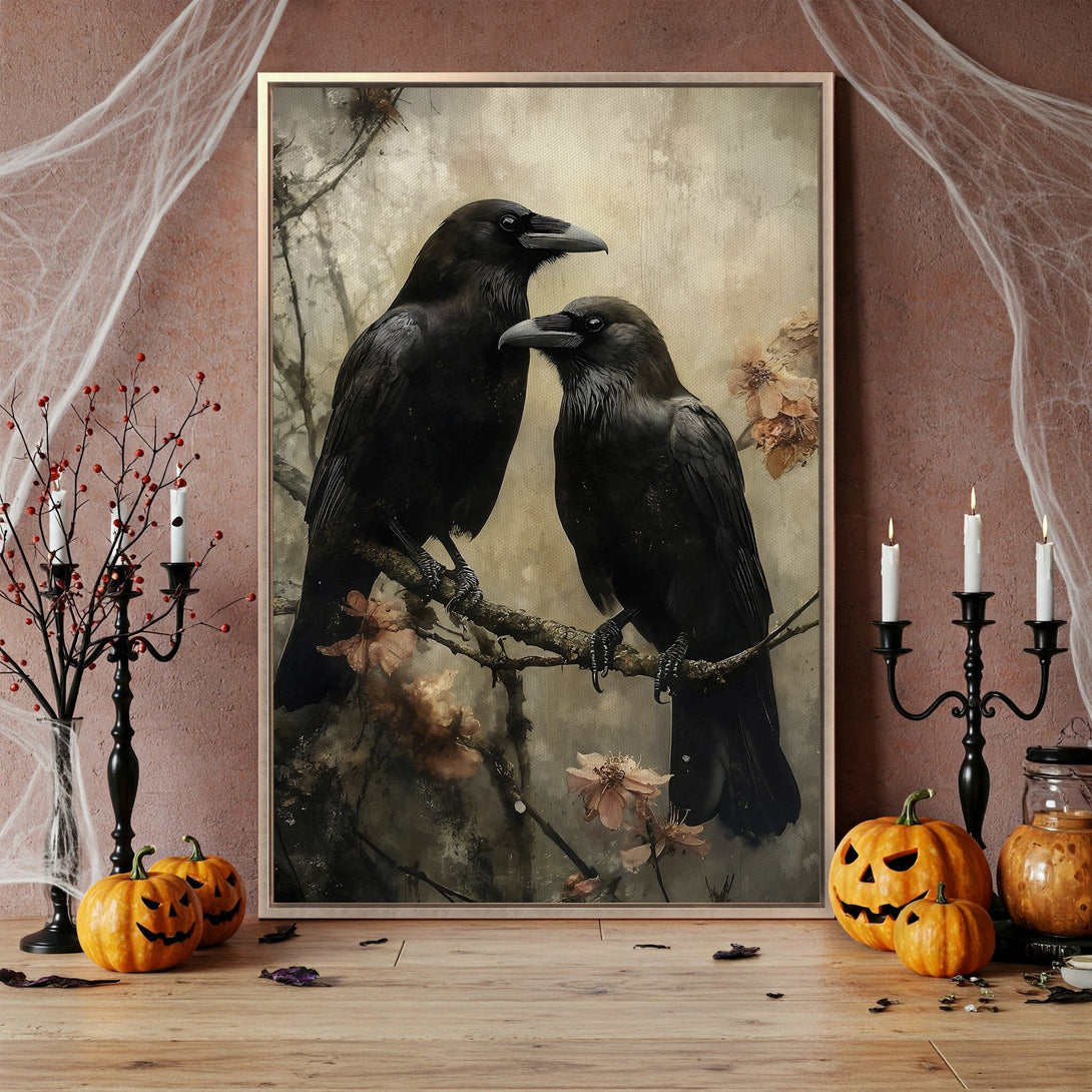 Framed Wall Art featuring two black ravens on a branch, vintage style, with a muted, earthy color palette. Perfect Halloween decor.