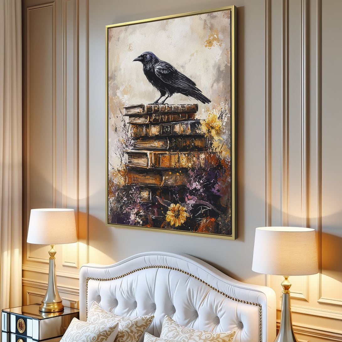 Canvas Print of a raven perched on books, modern art style, warm neutral and black color palette, perfect for living room decor.