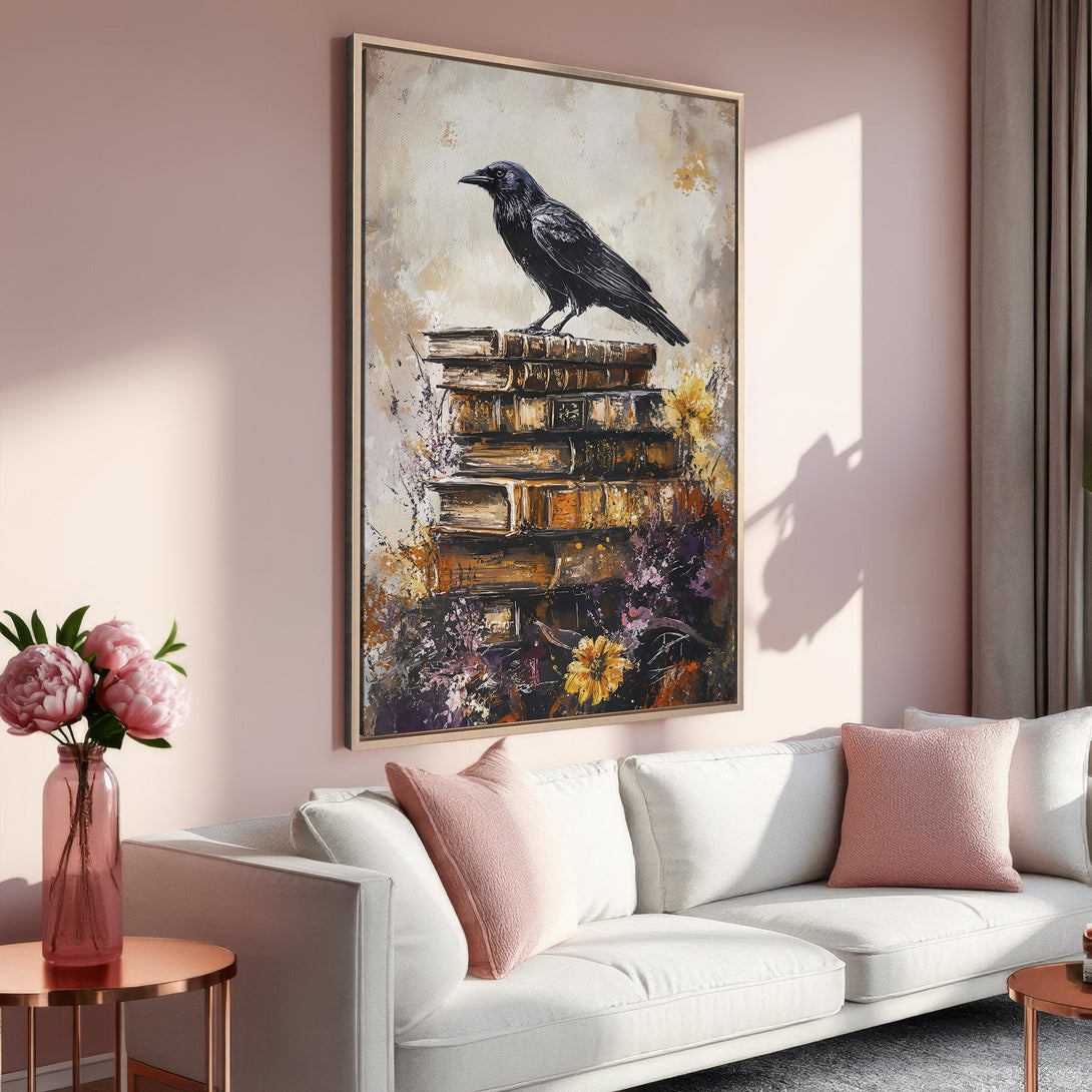 Framed Wall Art: Black crow perched on books, abstract style, warm color palette. Perfect for living room decor. Shop now!