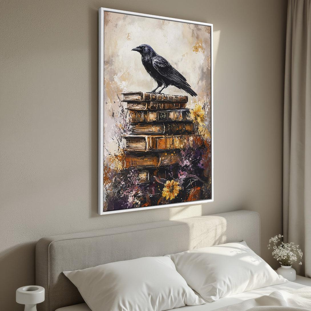 Framed Wall Art featuring a black raven perched on books, painted in an expressive style with a warm, earthy color palette. Perfect for adding character to your space.