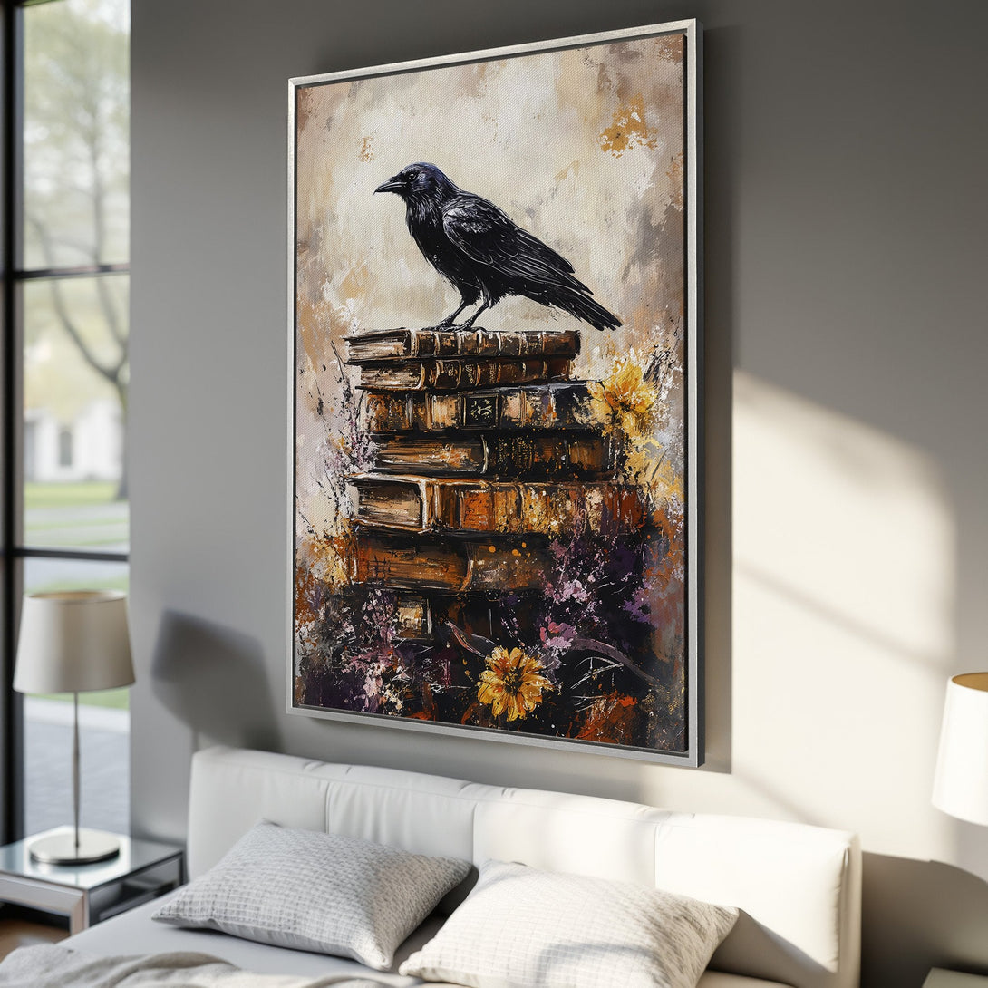 Framed Wall Art featuring a raven on books, abstract style with warm, earthy tones. Perfect for adding character to any room. Shop now!
