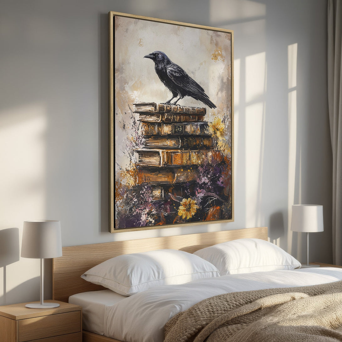 Framed Wall Art: Black raven perched on books, oil painting style. Warm, earthy tones of gold, brown, and purple create a cozy, artistic bedroom aesthetic.