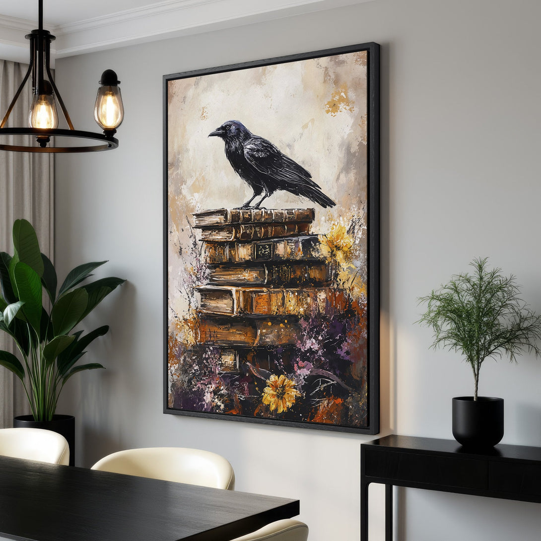 Framed Wall Art: Raven perched on books, abstract style, warm neutral tones with pops of yellow and purple. Perfect for modern decor!