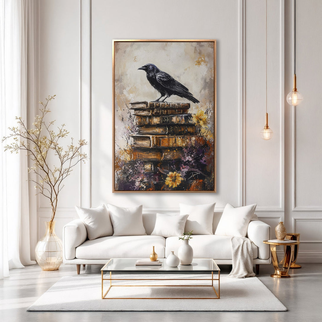 Framed Wall Art: Black raven perched on books, modern abstract style, warm neutral and black color palette, perfect for living room decor.