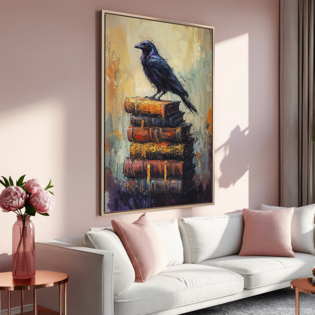 Framed Wall Art: Abstract crow painting on books. Warm, earthy tones with pops of purple. Perfect for adding a touch of elegance to your living room.
