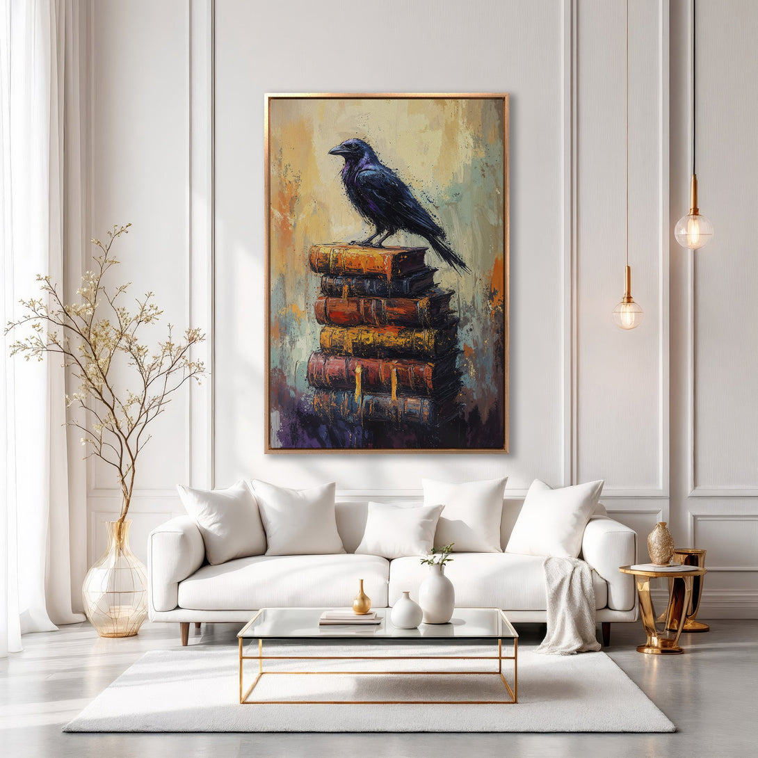 Framed Wall Art of a raven on books, modern abstract style, warm color palette. Perfect for living room decor.