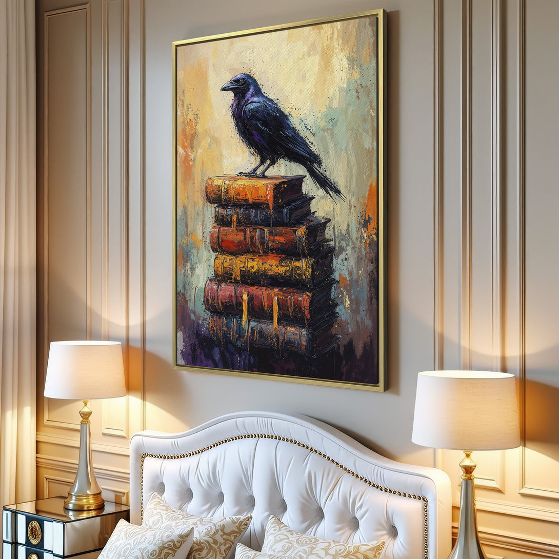 Canvas Print featuring a raven on books, abstract style, warm color palette. Perfect wall art for living room decor.
