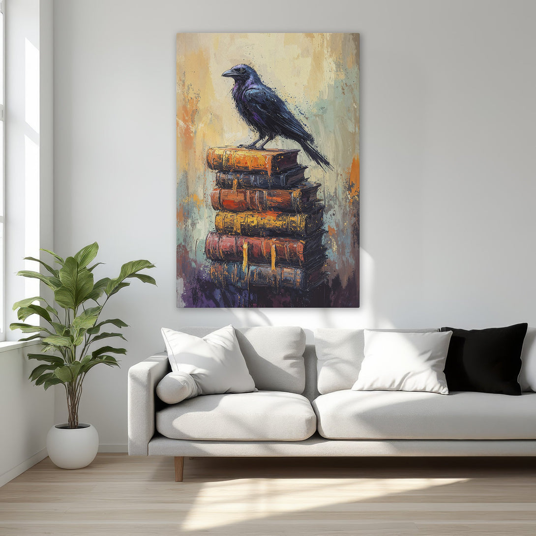 Framed Wall Art: Abstract painting of a raven on books. Warm, earthy tones. Perfect for adding a touch of elegance to any room. Shop now!