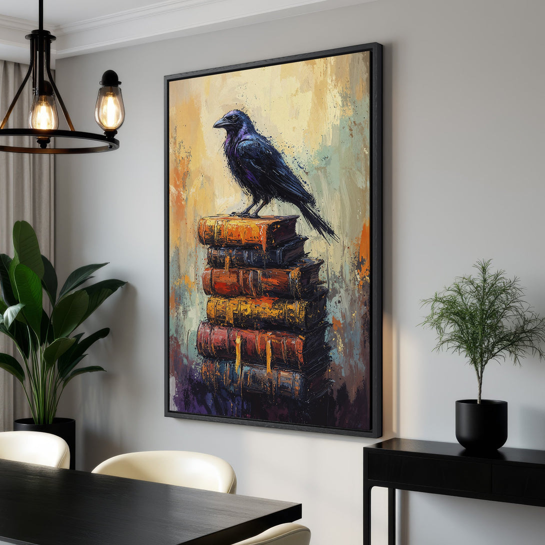 Framed Wall Art: Abstract raven perched on books. Warm, earthy tones with pops of purple and gold. Perfect for adding a touch of literary style to your space.