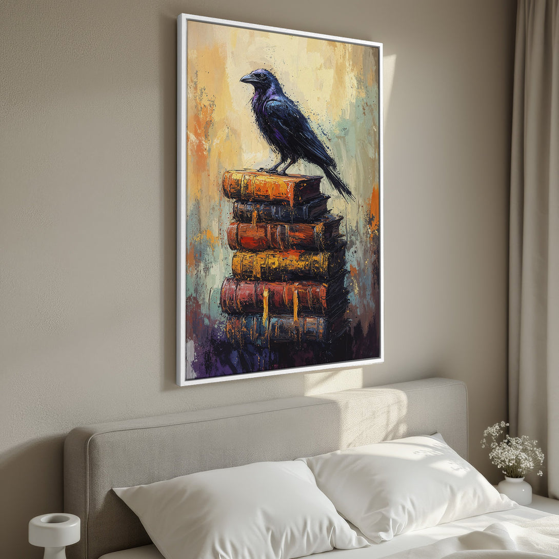 Framed Wall Art: Abstract painting of a raven on books. Warm color palette with orange, yellow, and blue hues. Perfect for bedroom decor.