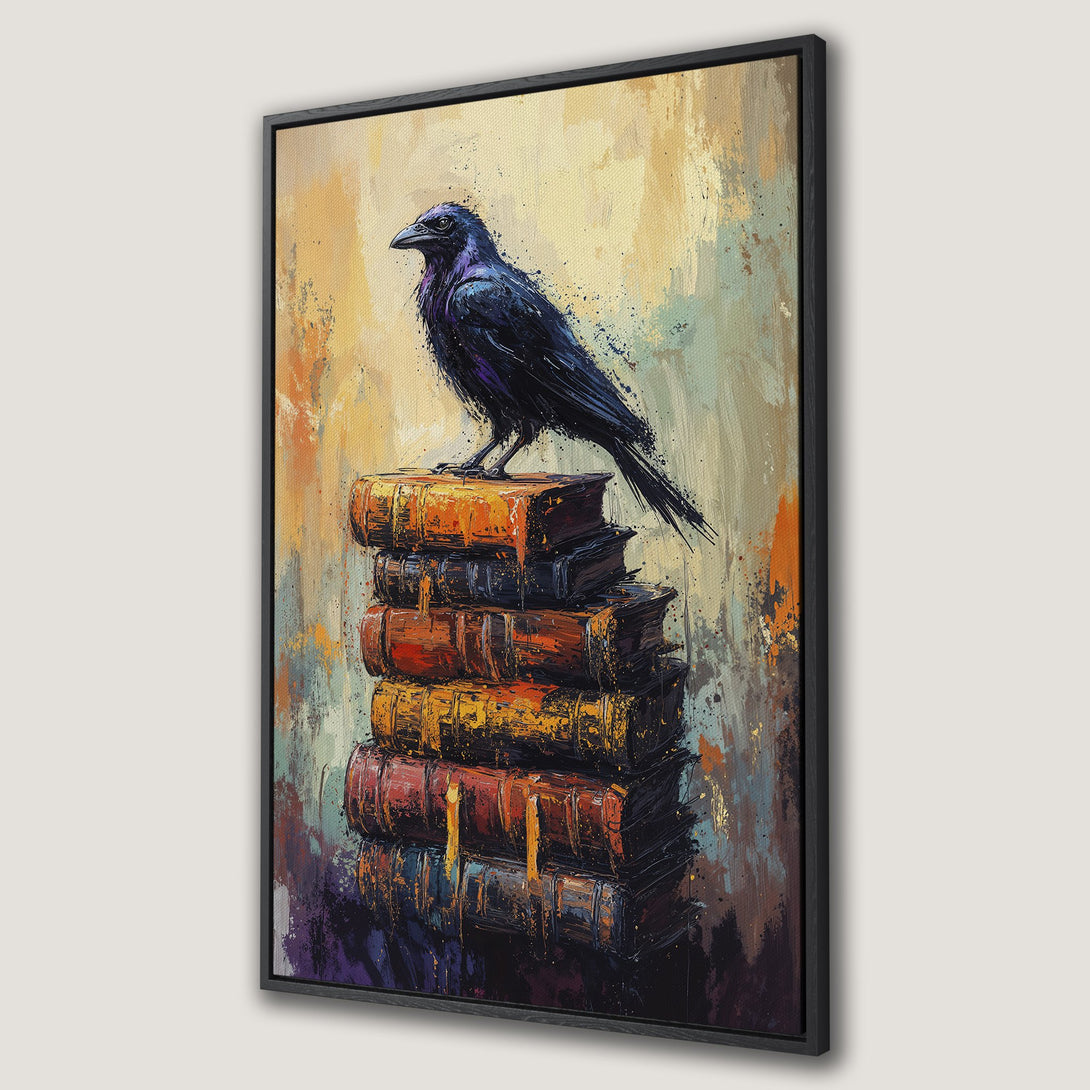 Framed Wall Art featuring a raven on books. Abstract style with warm orange, yellow, and deep purple tones. Perfect for adding a touch of literary flair.