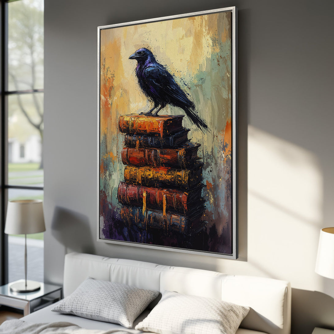 Framed Wall Art: Abstract painting of a crow on books, warm color palette. Perfect for adding a touch of sophistication to your home decor.