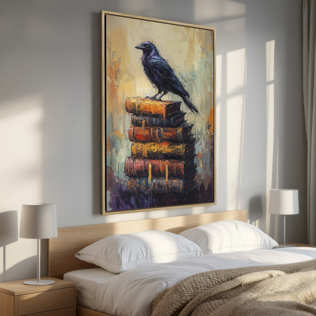 Framed Wall Art: Abstract raven perched on books. Rich, warm color palette. Perfect for bedroom decor. Add a touch of mystery to your space!