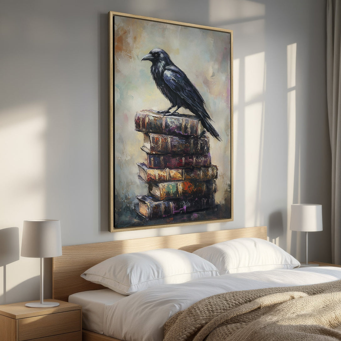 Framed Wall Art featuring a majestic black raven perched on books. An artistic, oil painting style with a muted, warm color palette. Perfect bedroom decor.