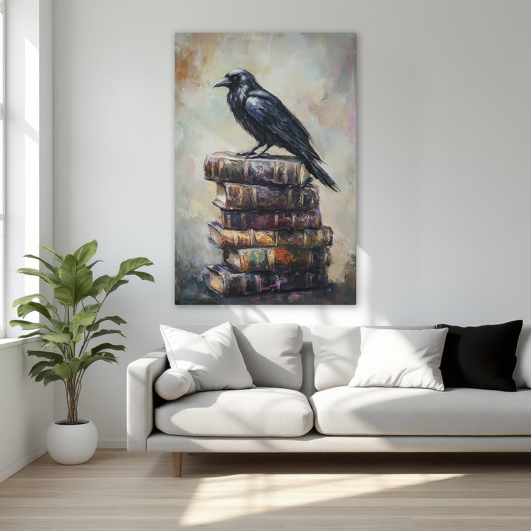 Framed Wall Art: Raven perched on books, oil painting style, neutral & dark color palette. Perfect for adding a touch of elegance to your decor.