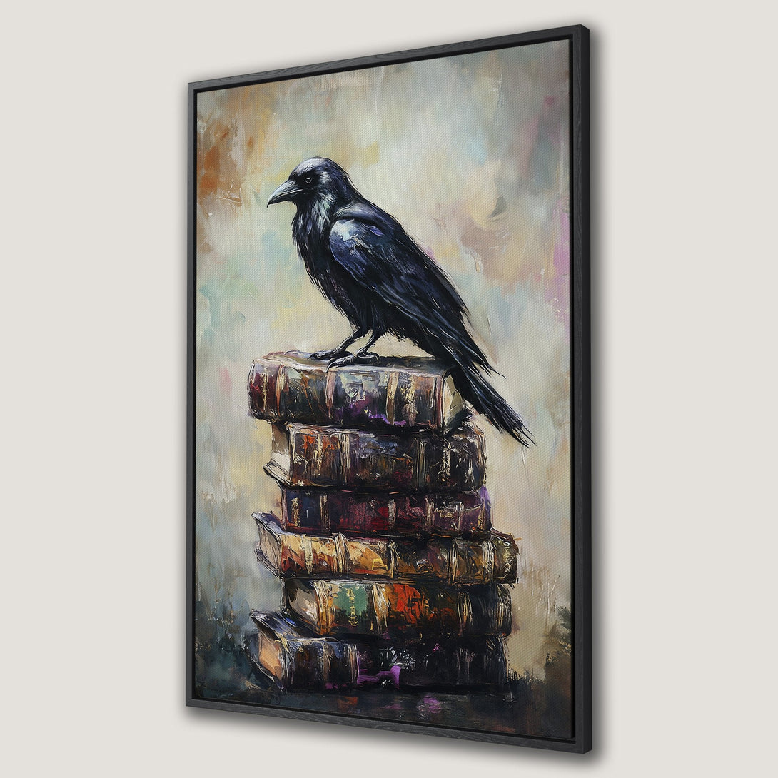 Framed Wall Art: Oil painting of a raven perched on books. Moody, dark color palette with hints of gold and purple. Perfect for a gothic aesthetic.