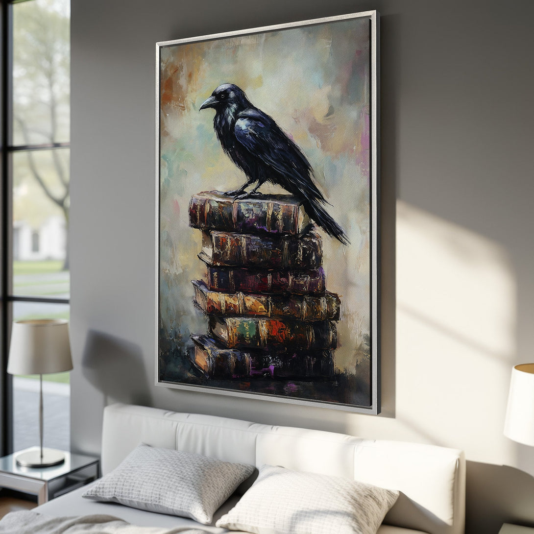 Framed Wall Art: Majestic raven perched on books, oil painting style. Moody color palette with blacks, browns, and hints of color, perfect for bedroom decor.