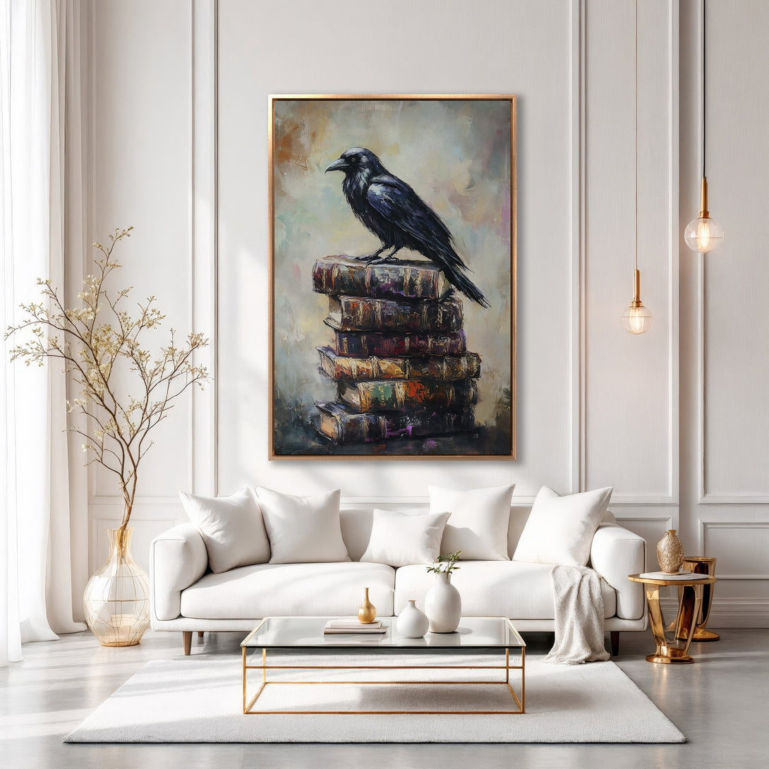 Framed Wall Art: Raven perched on books, oil painting style. Moody black, brown, and gold tones. Perfect for adding a touch of elegance to your living room.