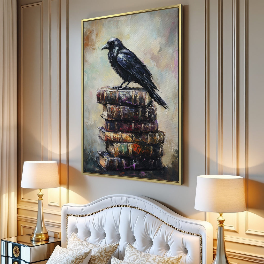 Canvas Print of a raven on books, oil painting style, warm neutral color palette, perfect for living room decor.