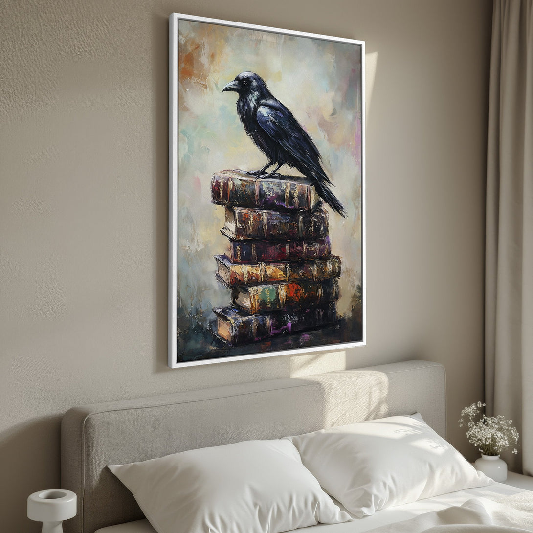Framed Wall Art: Majestic raven perched on books, oil painting style. Earthy tones with pops of color, perfect for adding a touch of elegance to any room.