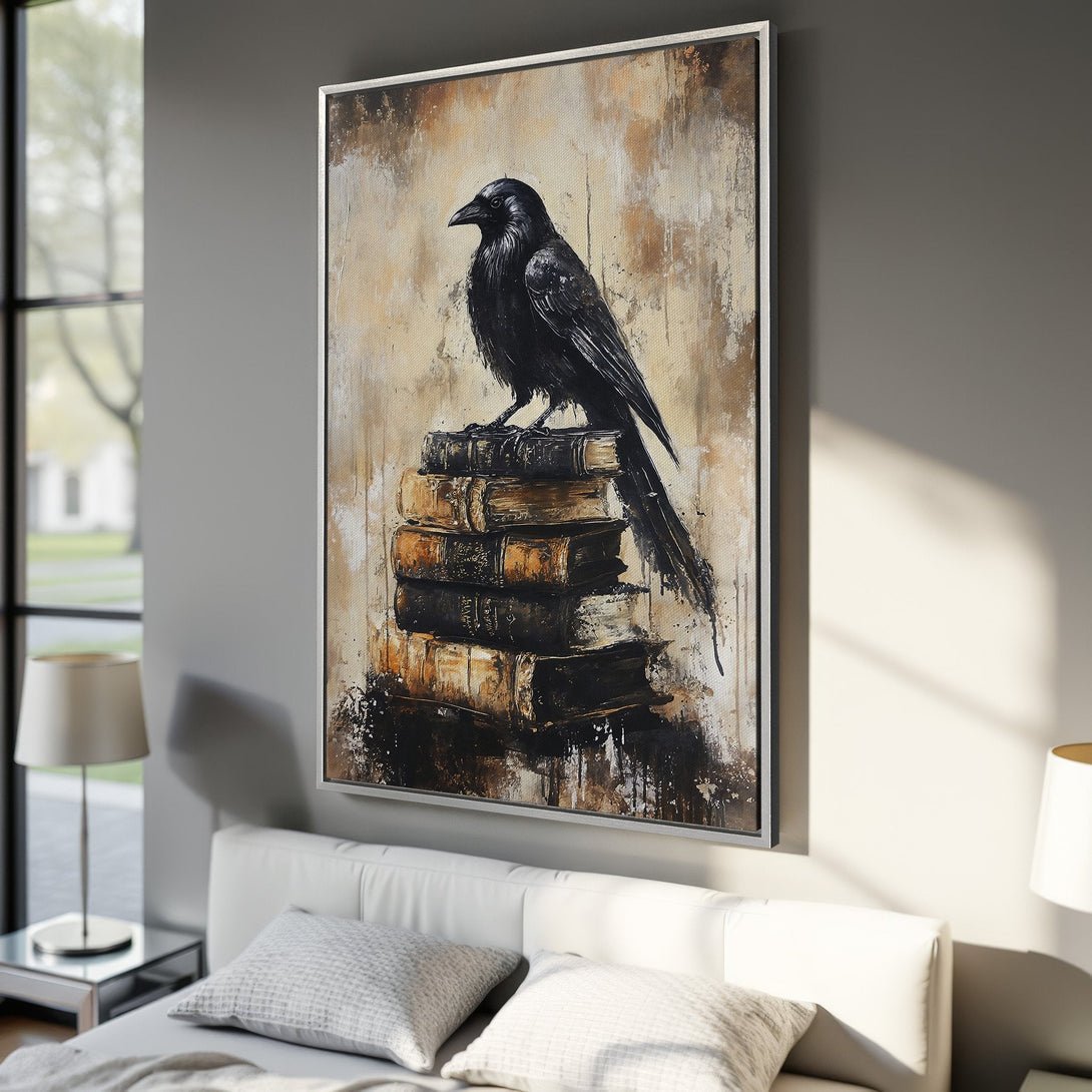 Framed Wall Art: Majestic raven perched on books, a striking black and gold abstract painting. Perfect for adding a touch of gothic elegance to your home decor.