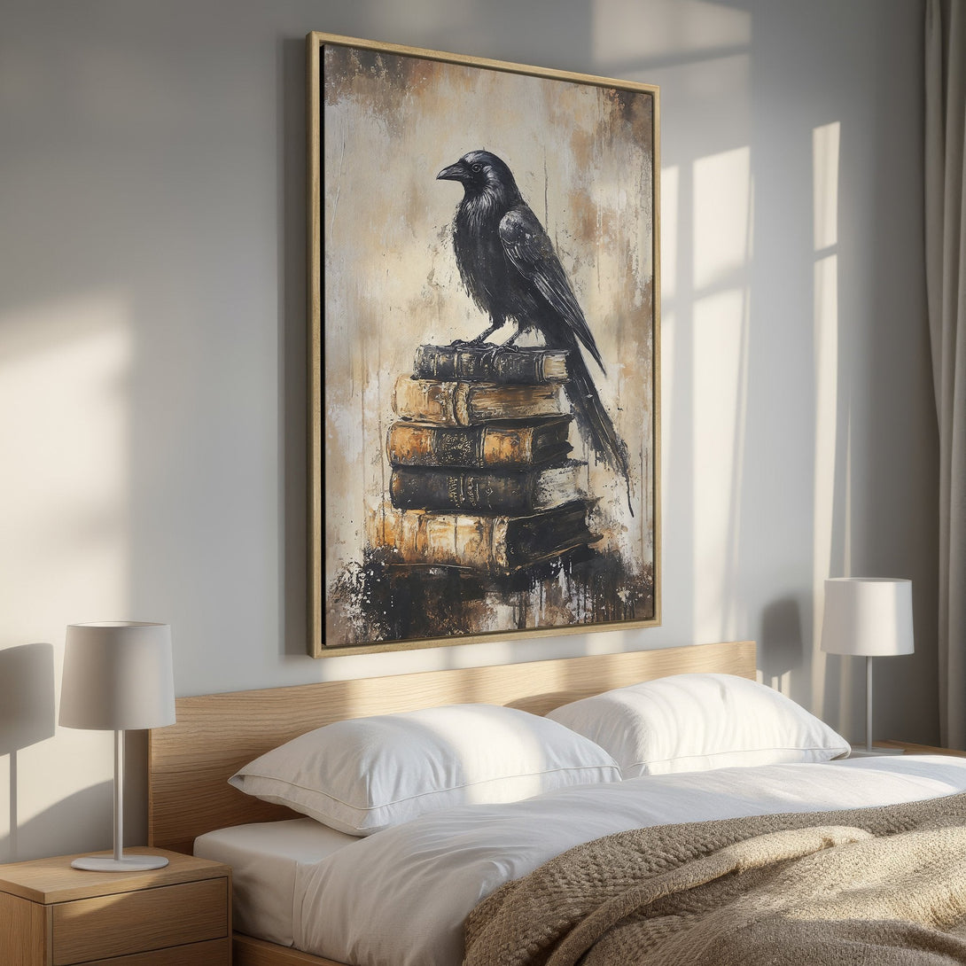 Framed Wall Art: Dramatic black raven perched on books, painted in a textured style with a warm, neutral color palette. Perfect for bedroom decor!