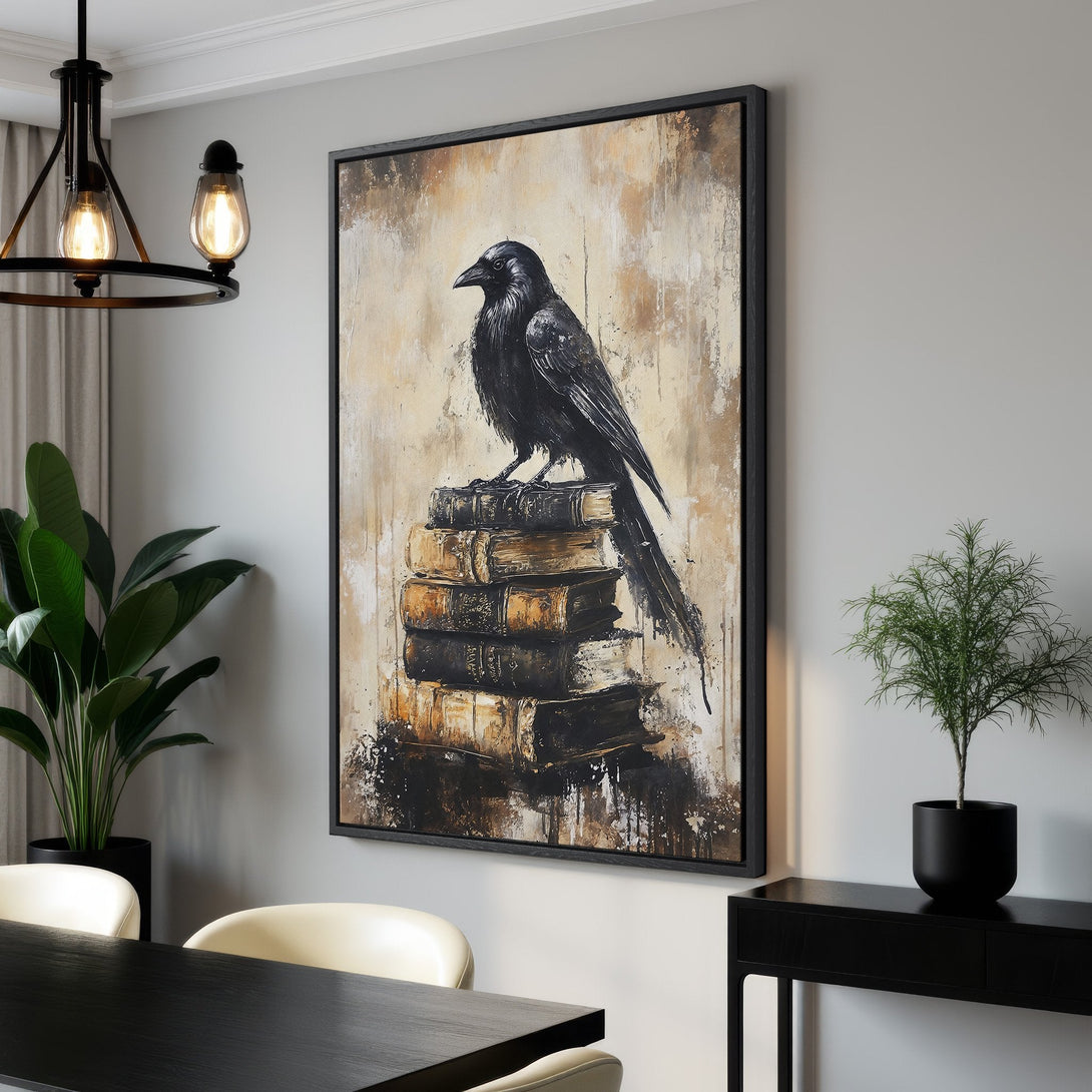 Framed Wall Art: Moody raven perched on books, abstract style, neutral beige and black palette. Perfect for adding a touch of mystery to your home decor.