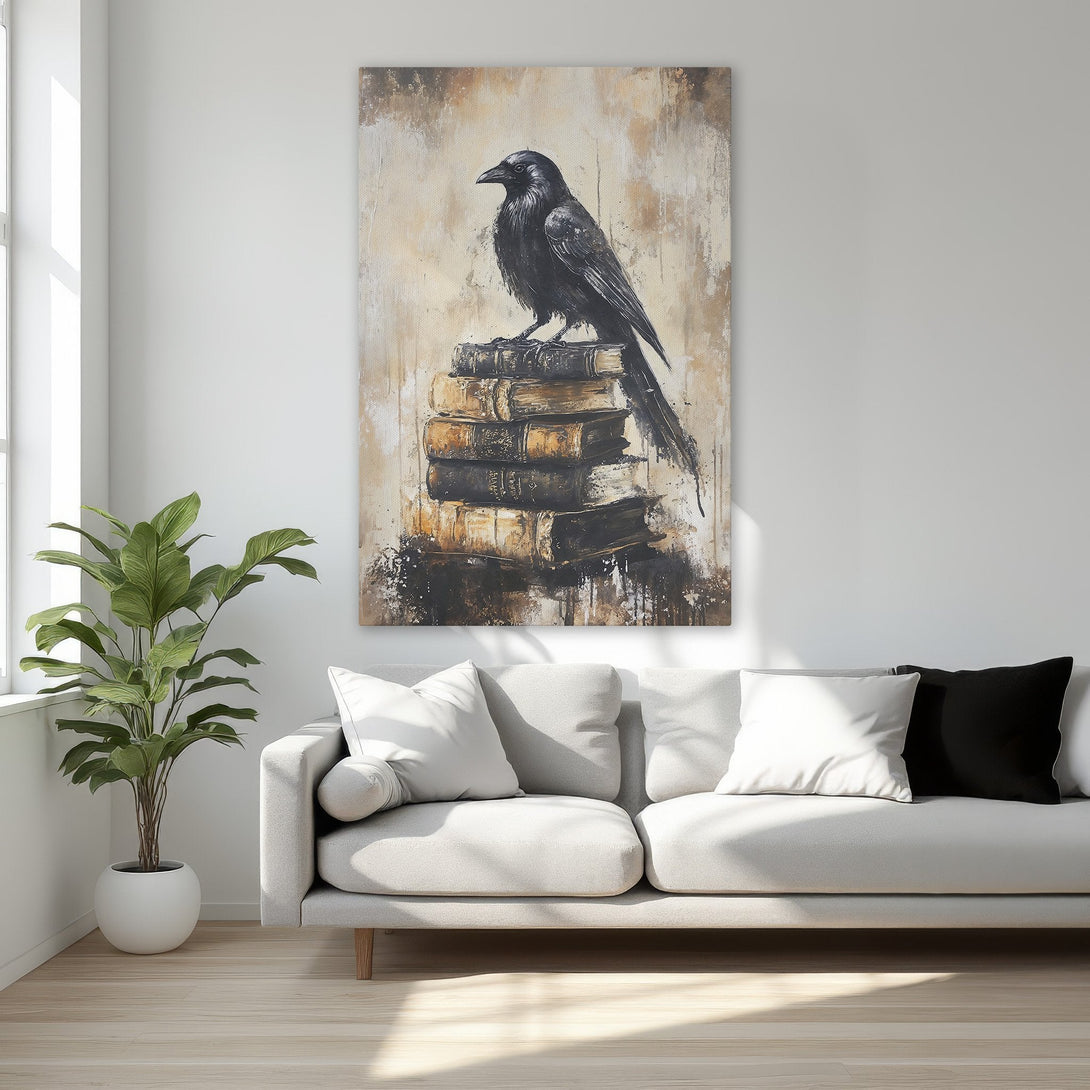 Framed Wall Art: Black crow perched on books, abstract style, neutral color palette. Perfect for adding a touch of elegance to your bedroom decor.
