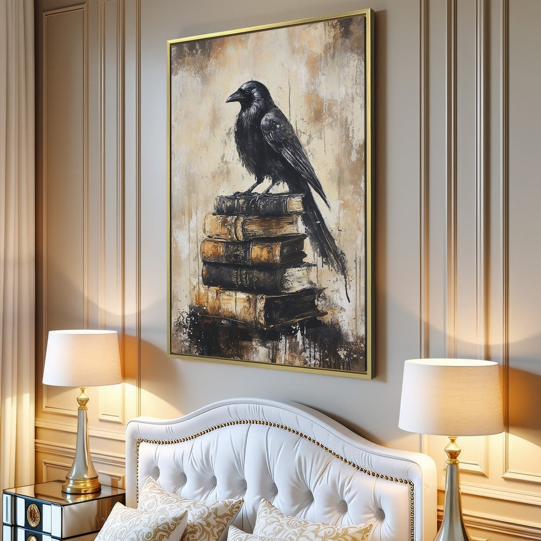 Canvas Print of a black raven perched on books, abstract style, neutral color palette. Perfect wall art for your home.