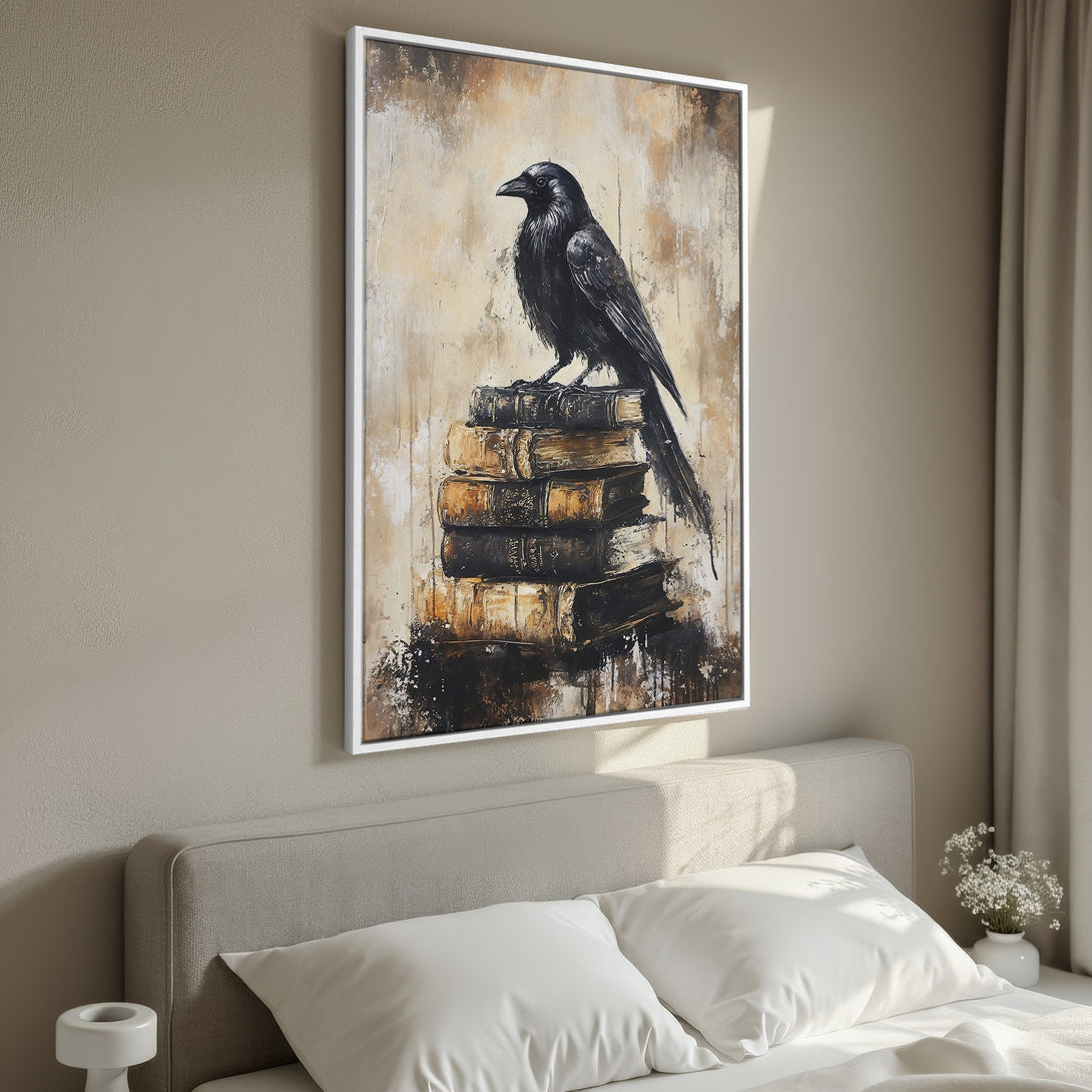 Framed Wall Art: Majestic raven perched on books. Abstract style, neutral beige and black color palette. Perfect for bedroom decor.