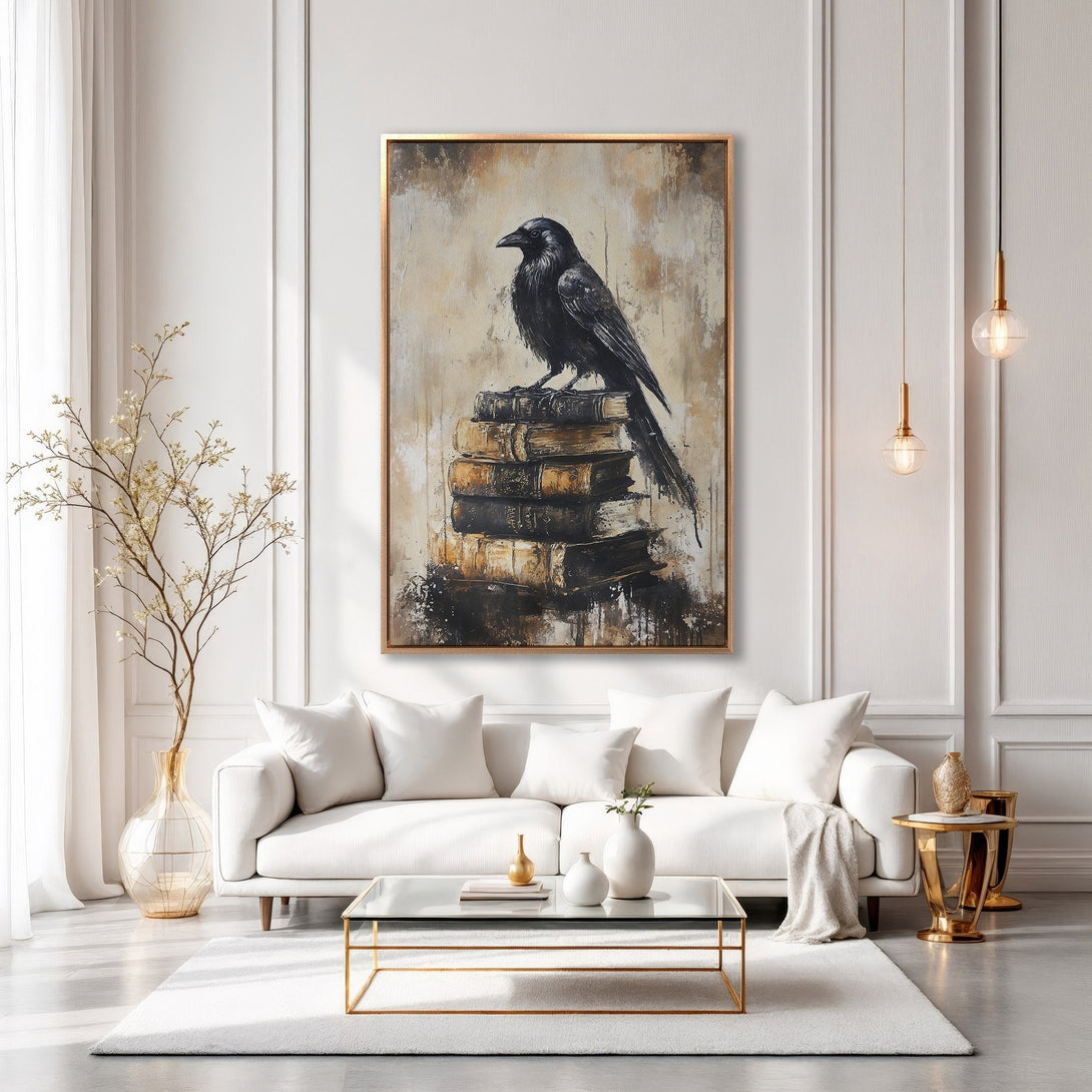 Framed Wall Art: Black raven perched on books, abstract style, neutral color palette. Perfect for modern living room decor.