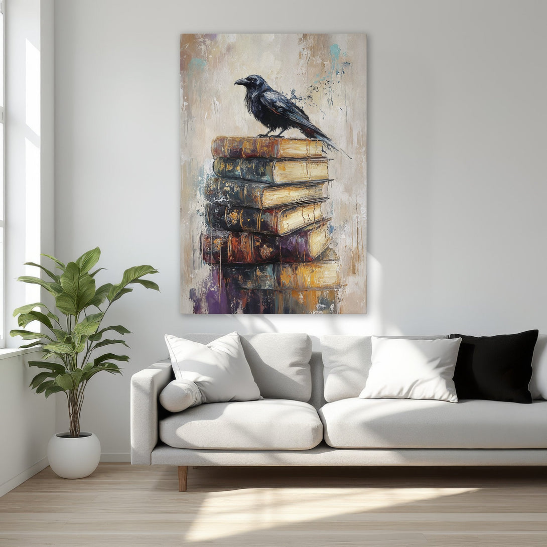Framed Wall Art: Dramatic raven perched on books, abstract style, warm neutral palette. Elevate your space with this stunning canvas print!